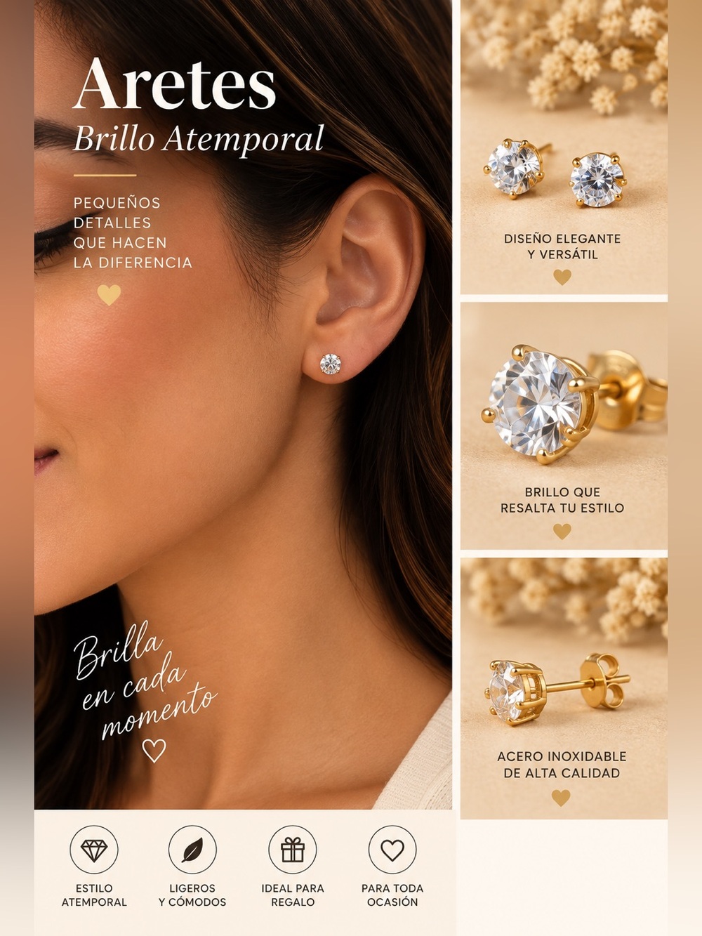 Timeless Gold Cubic Zirconia Stud Earrings - Brillo Atemporal